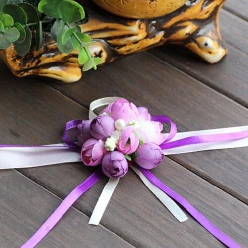 Bride Wrist Flower Wedding Boutonniere Purple Pink Rose Groom Groomsman Artificial Corsage Suit Decorative Accessories