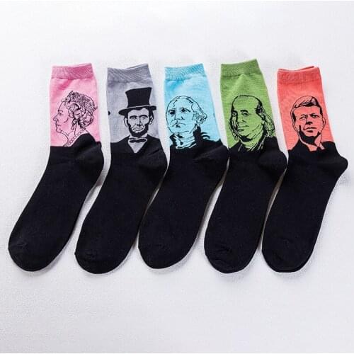 Fashion socks personality mens pure cotton socks figure head middle tube socks high tube socks oil painting socks