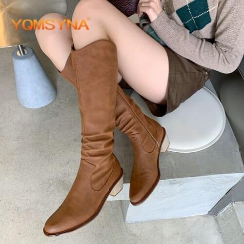 YQMSYNA New Retro Womens Boots Casual Square Heel Round Toe Zipper High Boots Genuine Leather Winter Office Lady Shoes AS338