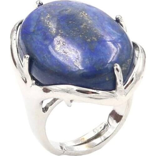 YJXP Silver Plated Oval Shape Adjustable Finger Wedding Ring Lapis Lazuli Charm Jewelry