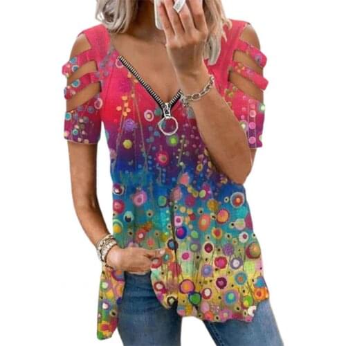 Plus Size Women Tshirt Casual V Neck Print Short Sleeve Female T Shirt Hollow Zipper Loose Top Pullover T-shirt Summer Top Tee