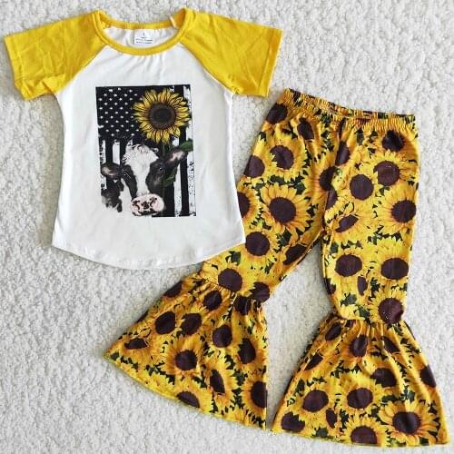 RTS Toddle Girls Clothes Set Sunflower Print Boutique Girls Clothing Wholesale Children Baby Clothes Summer Bell Bottom Outfits
