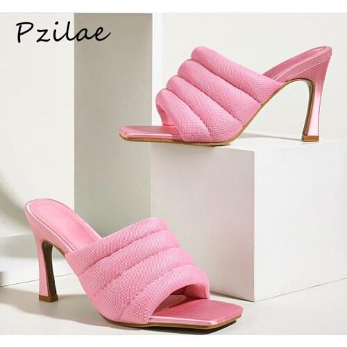 Pzilae 2021 New Summer Women High Heels Slippers Mules Sexy Square Toe Slides Female Thick Mesh Ladies Dress Party Shoes Pink