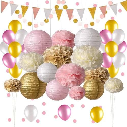 Wedding decoration Pink white gold color match Pom Pom flower paper lantern flag garland confetti ballon decoration mariage