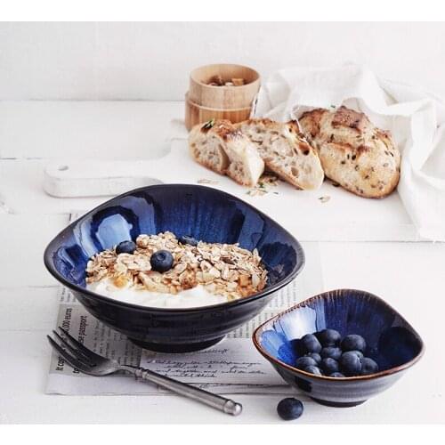 Japanese Blue Triangle Bowl Creative Soup Noodle Bowl Irregular Fruit Salad Bowl Ceramic Rice Bowl Home