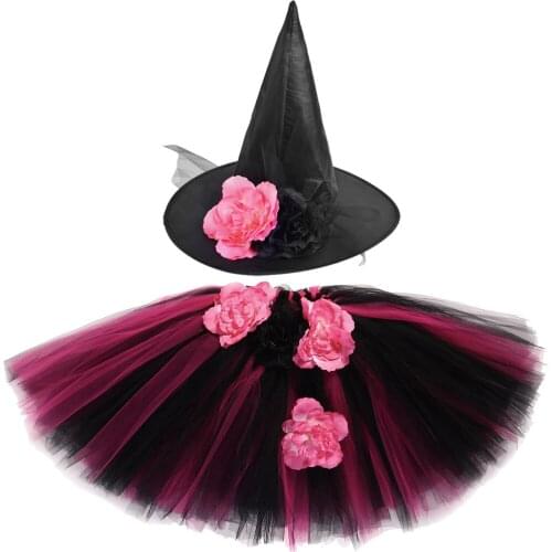 Pink Black Flower Witch Tutu Skirt Outfit for Girls Kids Witches Tulle Skirts with Hat Carnival Halloween Costumes Fluffy Tutus