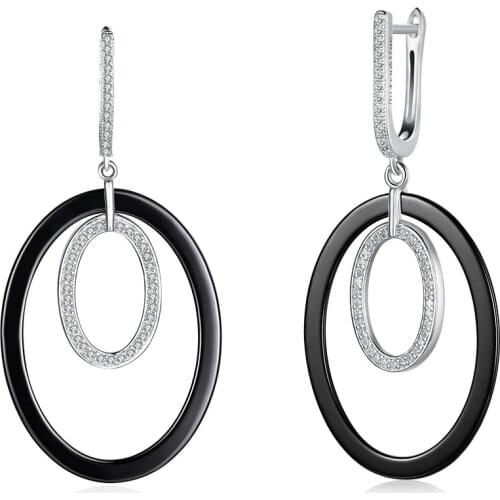 ZEMIOR Women Earrings 925 Sterling Silver Oval Clear Cubic Zirconia & Ceramics Drop Earring Female Anniversary Gift Trendy