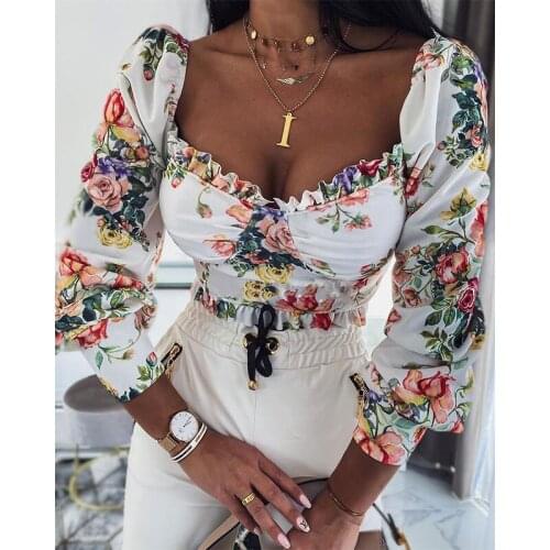 Streetwear Women Floral Printed Boho Blouse Spring Summer Chic Long Sleeve Blouses Short Shirt Vintage Sexy Low Cut Blusa Tops