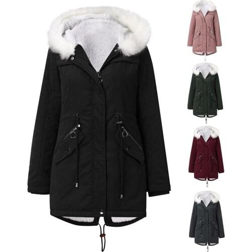 Womens Warm Thick Outerwear Jackets Autumn And Winter Plus Cashmere Solid Color Hooded Coat Parkas Pocket Slim Jackets Femme