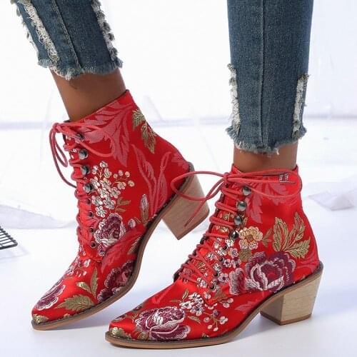 Women Ankle Boots with Square Heel Lace Up Flower Red Platform Boots Luxury Heel Shoes for Women Boots Womens Platform Heels