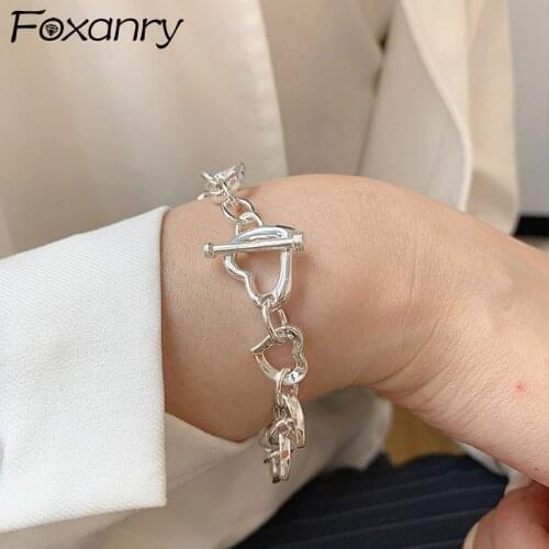 FOXANRY 925 Sterling Silver Bracelets for Women New Trendy Elegant Simple Sweet Hollow LOVE Heart Chain OT Buckle Party Jewelry
