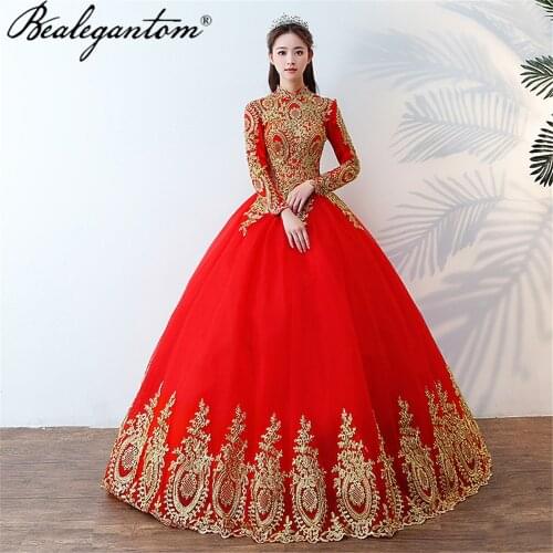 Bealegantom Red Gold Lace Quinceanera Dresses Ball Gown Tulle Appliques Sweet 16 Prom Party Gown Vestido 15 Anos QD116