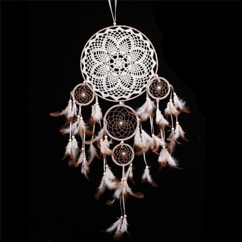 1PC Indian Five Ring Feather Dream Catcher Holiday Gifts Home Ornaments Beige Lace flower wind chimes decoration for home