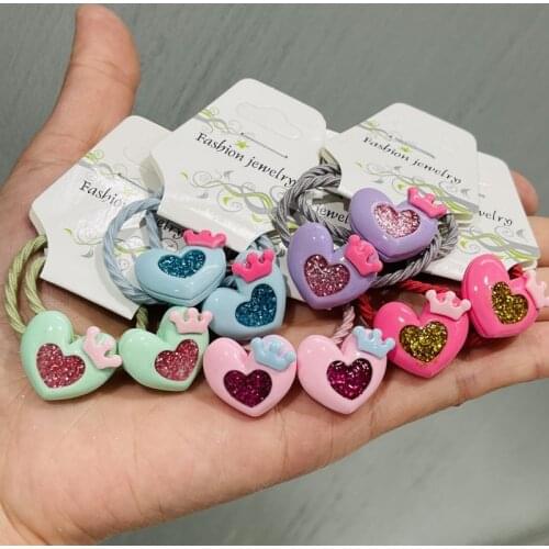 2Pcs/Set Girls Shining Crown Heart Rubber Elastic Hair Bands Children Ponytail Holder Scrunchie Headwear Kids Hair Accessories