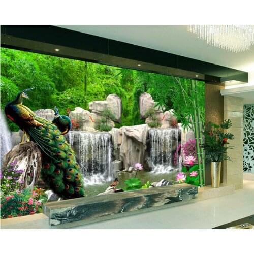 3d room wallpaper Bamboo Rock Mountain Peacock TV Backdrop modern living room wallpapers Home Decoration
