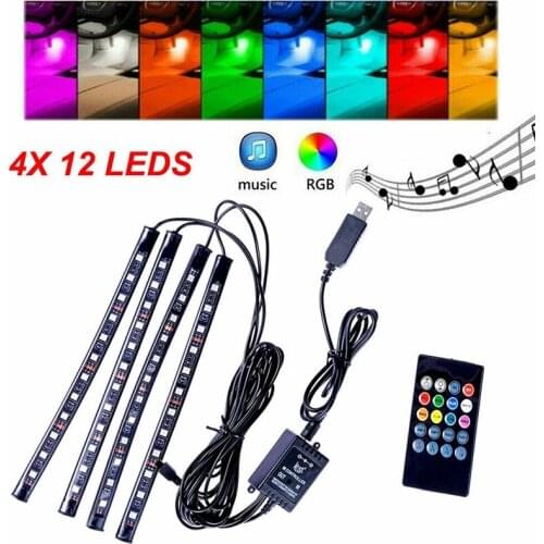 4X 12 LED Car Interior Atmosphere Neon Light USB Strip Music Control & IR Remote