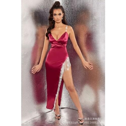 Satin Bodycon Dress Women Sexy Party Dress 2021 New Arrivals Maxi Bodycon Dress Crystal Tassel Celebrity Evening Club Dress