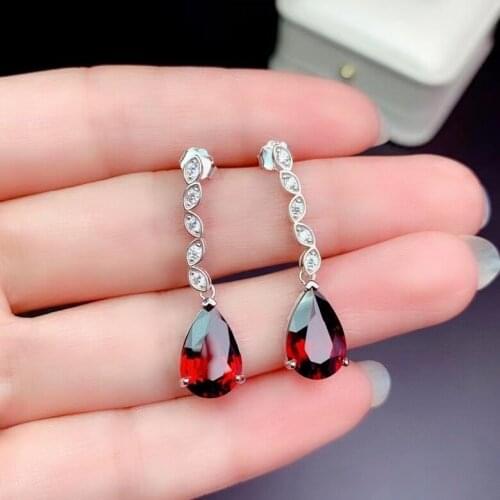 Big size water drop style garnet gemstone stud earrings for women jewelry real 925 silver good color gem party gift birthstone