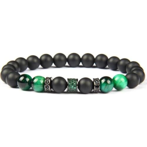 Ailatu New Green & Blue Cz Beaded Luxury Men Bracelet with Natural Tiger Eye and Matte Onyx Stone Top Quality