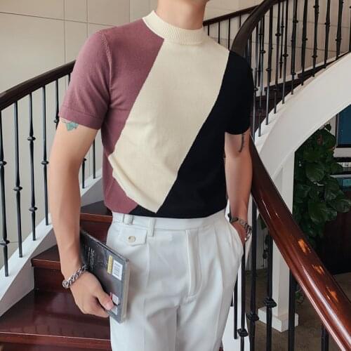 British Style Autumn Winter Knitted T Shirt Men Fashion 2020 Short Sleeve Men Slim Fit Patchwork Color Turtleneck 3XL-M