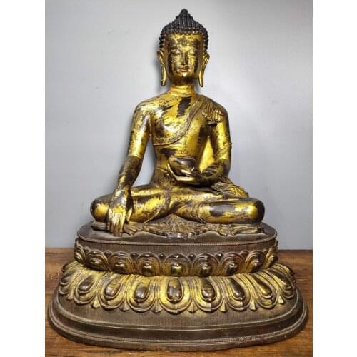 Home Decor 19"Tibet Buddhism Old Bronze Gilt Cinnabar Medicine Buddha Shakyamuni Amitabha Enshrine the Buddha