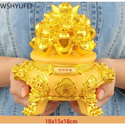 Chinese Golden Fengshui Lucky Treasure Bowl Resin Statue Home Decor Entrance Ornament Living Room Decorations Birthday Present