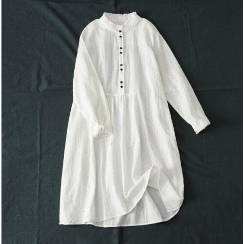 Lamtrip Unique Ruffled Collar Quality Polka Dots Print Pleated Cotton Yarn Loose Long Sleeve Dress 2021 Summer