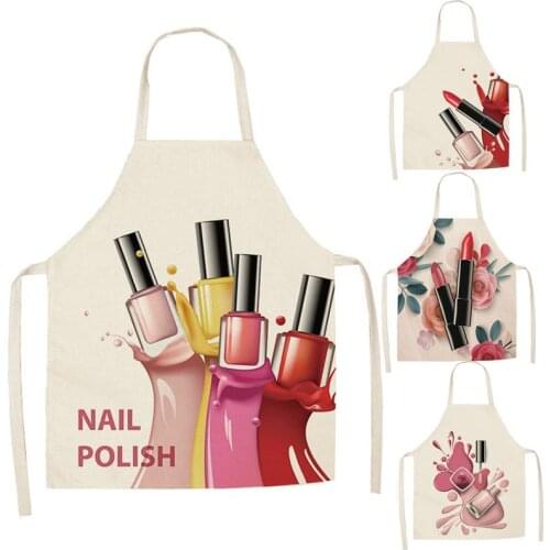 Linen Flower Nail Polish Theme Print Kitchen Aprons Unisex Dinner Party Cooking Bib Funny Pinafore Cleaning Apron WQ119