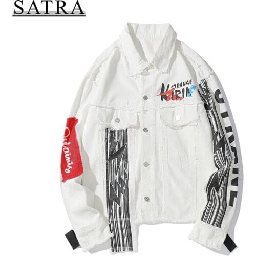 SATRA 2021 New Arrival Hip Hop Graffiti Jeans Jacket Streetwear Men, Mens Trend Punk Cowboy Ripped Distressed Denim Jacket coat