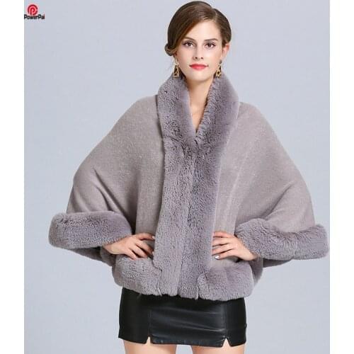 Soft Faux Rex Rabbit Fur Cape Shawl Coat Knit Cashmere Poncho Cloak Women Fashion Cardigan Wraps Fall Winter Pashmina 9 Colors