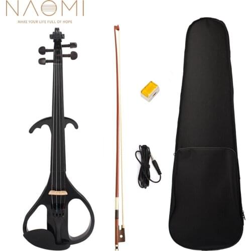 NAOMI Black Electric Violin Set Silent 4/4 Violin Fiddle w/ Brazilwood Bow+Canvas Violin Case+Audio Cable+Rosin+Headphone