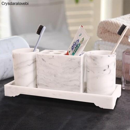 4pcs Set Nordic White Marble Texture Resin Bathroom Kit Dispenser Lotion Bottle Tray Bathroom Supplies Accessories Cotton Swab