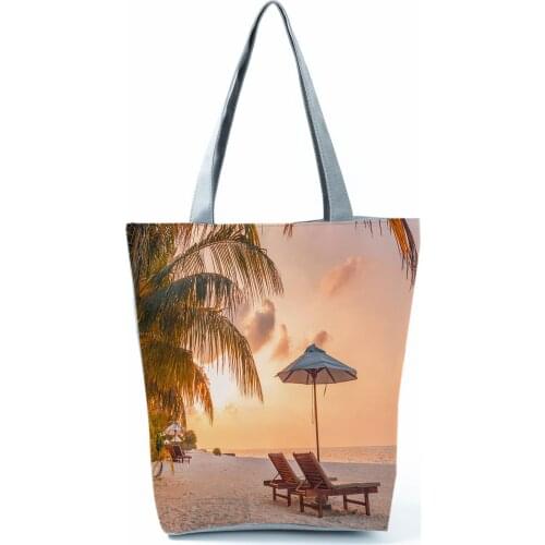 Beach Coconut Tree Print Handbag Sunset Landscape Shoulder Bag Pretty Fashion Tote Eco Friendly Shopping Bag Portable Travel Bag