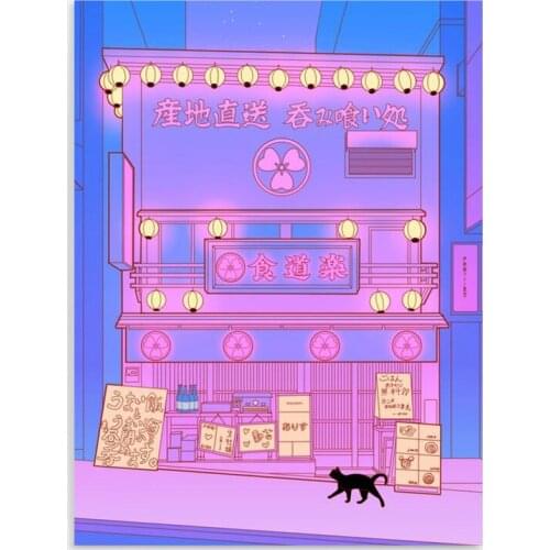 HD Printed Food Shop Poster Wall Art Night Scenery Black Cat Canvas Painting Home Decor Living Room Modular Pictures Framework