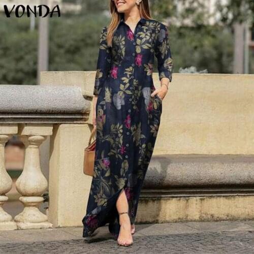 Casual Shirts Dress VONDA 2021 Bohemian Vestidos Vintage Floral Print Lapel Collar Button Up Cotton Dresses S-5XL Beach Sundress
