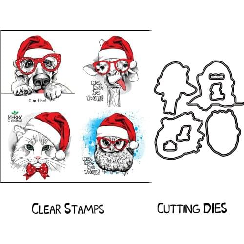 AZSG Merry Christmas Giraffe Dog Cat Cutting Dies Clear Stamps For DIY Scrapbooking/Card Making Decorative Silicone Stamp Crafts