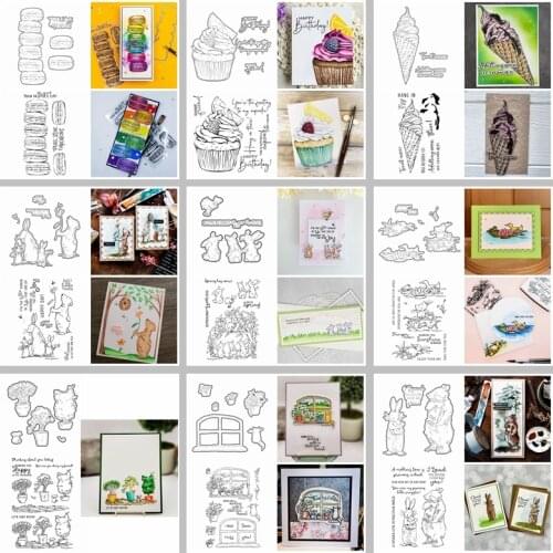 Dies and Coordinating Stamps Sweet Macaron Cupcake Ice-cream Bunnies Robin Kitten Duck Pond Windowsill Happy Easter Day 2021