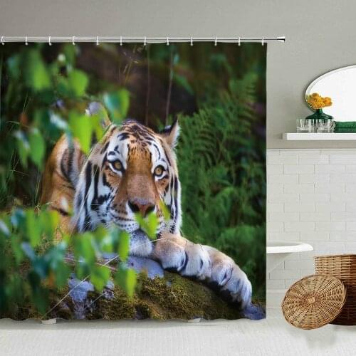 Siberian Tiger Lion Beast Shower Curtain Set Wild Animal Forest Natural Scenery Bathroom Accessories Waterproof Screen Washable