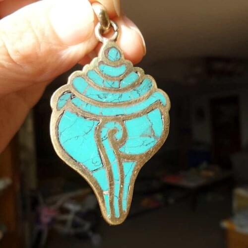 TBP151 Tibetan Amulet Brass Inlaid Stone Sea Snail Pendants Big Small