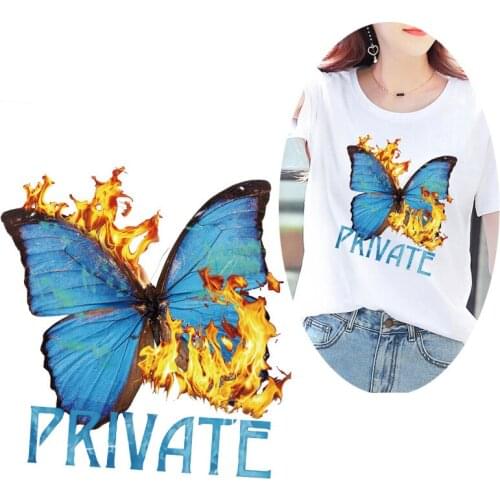 Butterfly Fire Iron On Transfers For Clothing Punk Patch Skull Thermal Stickers On Clothes Ironing Stickers Heat Transfer Vinyl