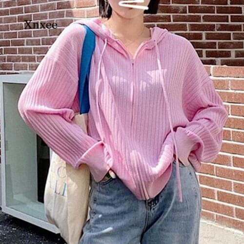 2021 Ribbing Hoodie Shirts Summer Autumn Zipper New Style Hooded Knitted Sweater Loose Fashioon Cardigan for Woman Clothing