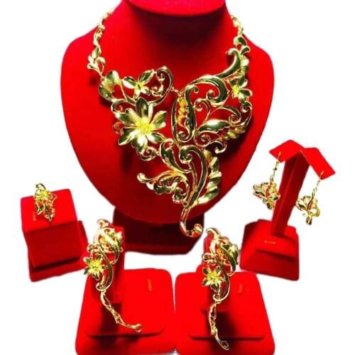 Yulaili Chinese Design Women Gold-color Hundred Flowers Blooming Necklace Bracelet Earrings Ring Jewelry Display