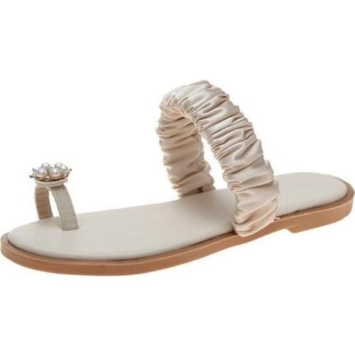 2021 Elegant Lady Slippers Fashion Pleated Design Summer Flowers Decoration Flat Sandals Open Toe Maiden Flip Flops Women Shoes