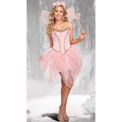 Carnival Halloween Lady Pink Elf Fairy Costume Cute Lace Tutu Wing Cane Birthday Party Playsuit Cosplay Fancy Party Dress