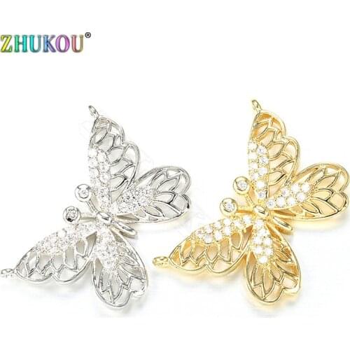 ZHUKOU 18*26mm Brass Cubic Zirconia Butterfly Charms Connectors DIY handmade Jewelry Necklace Making Model: VS307