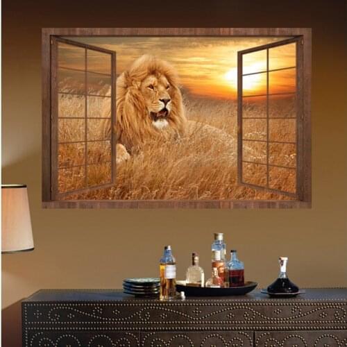1 PC 50*70 cm 3D PVC Wall Stickers Lion Animal Pattern Removable Fake Window Wallpapers Office Game Living Room Mural Art Decals