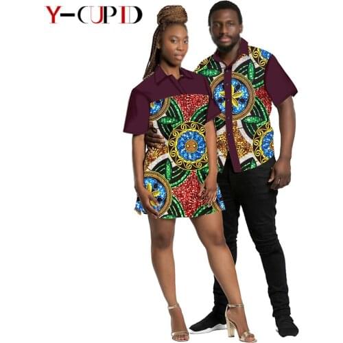 African Clothes for Couples Sexy Women Print Long Shirts Mini Dresses Matching Bazin Men Outfits Short Sleeve Shirts YS20C007