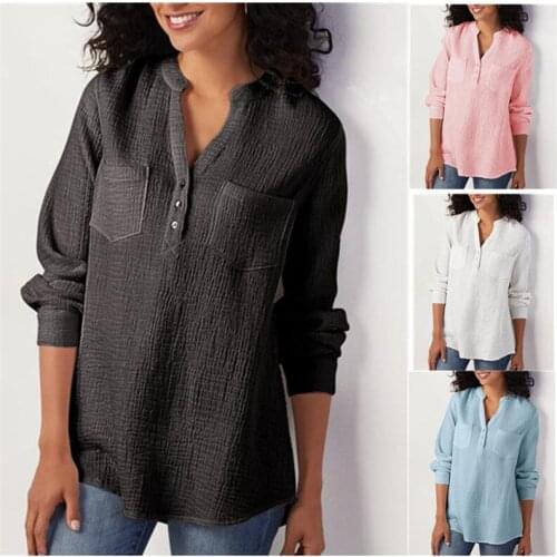 Spring Women Solid Color Plus Size Casual Baggy Shirt Autumn Female V-neck Pocket Long Sleeve Blouse Office Lady Button Fashion