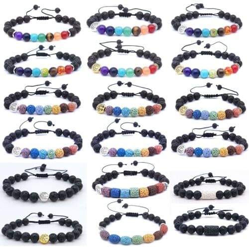 Assorted Tree 8mm Seven Chakra Bracelet Briaded Black Lava Stone Beads Women Men Bracelet Buddha Strand Bracelet Jewelry