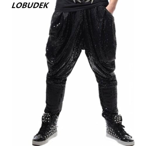 Silver Black Sequins Loose Casual Pants Haren Pants Hip Hop Rock Male Singer Dancer Long Pants Bar Nightclub DJ Stage Costume
